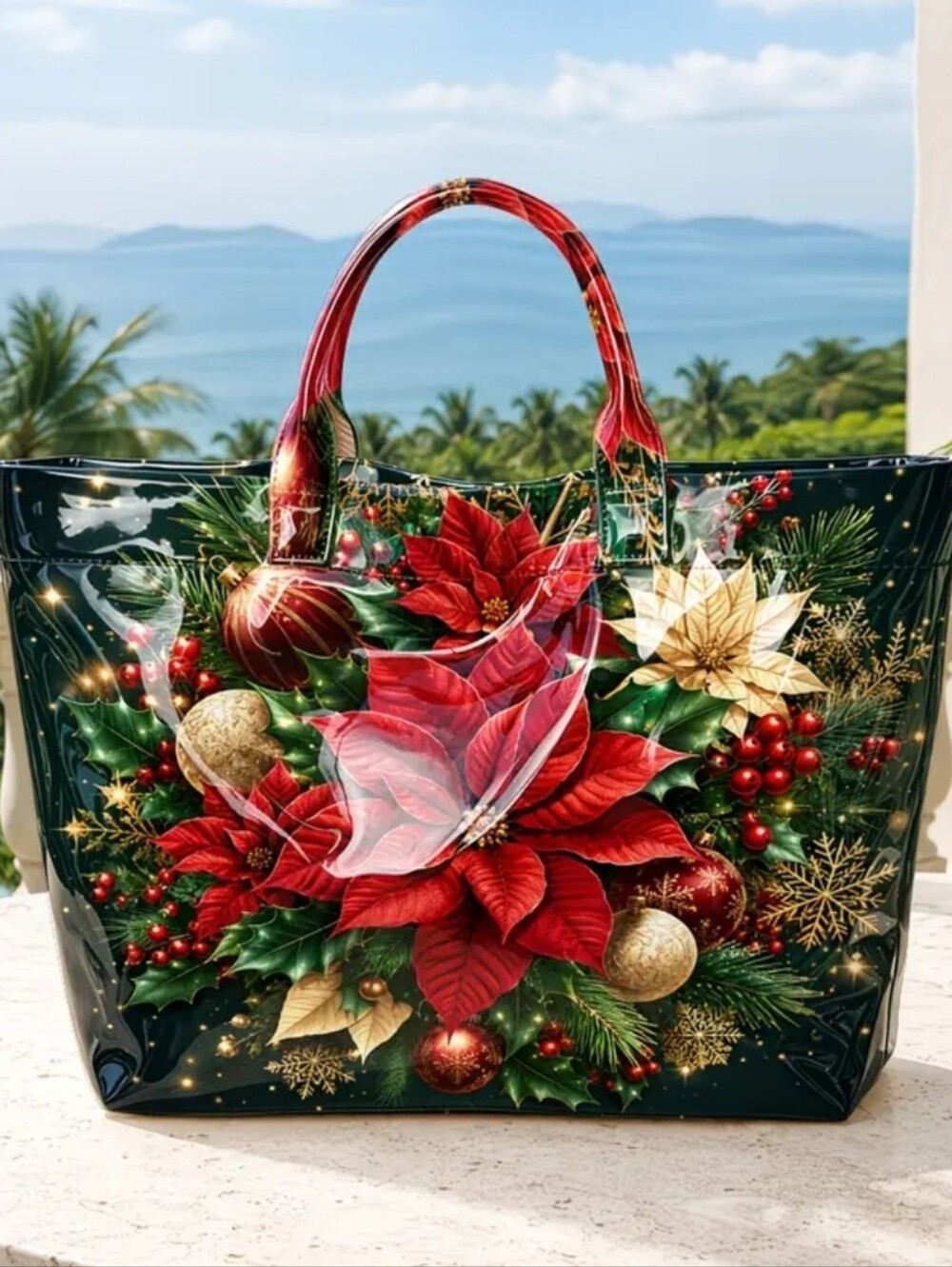 Beautiful Poinsettia Holiday Tote Bag Large Size PVC Daily Commute